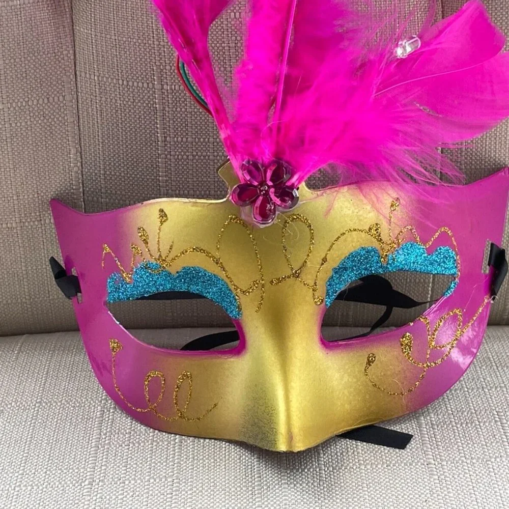 Party Mask Light Up Deep Pink Fuax Feather Masquerade Mask